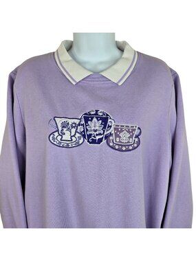 Vintage 90s Lavender Sweatshirt Polo Collar Teacups Tea Size L Cottage Granny Co